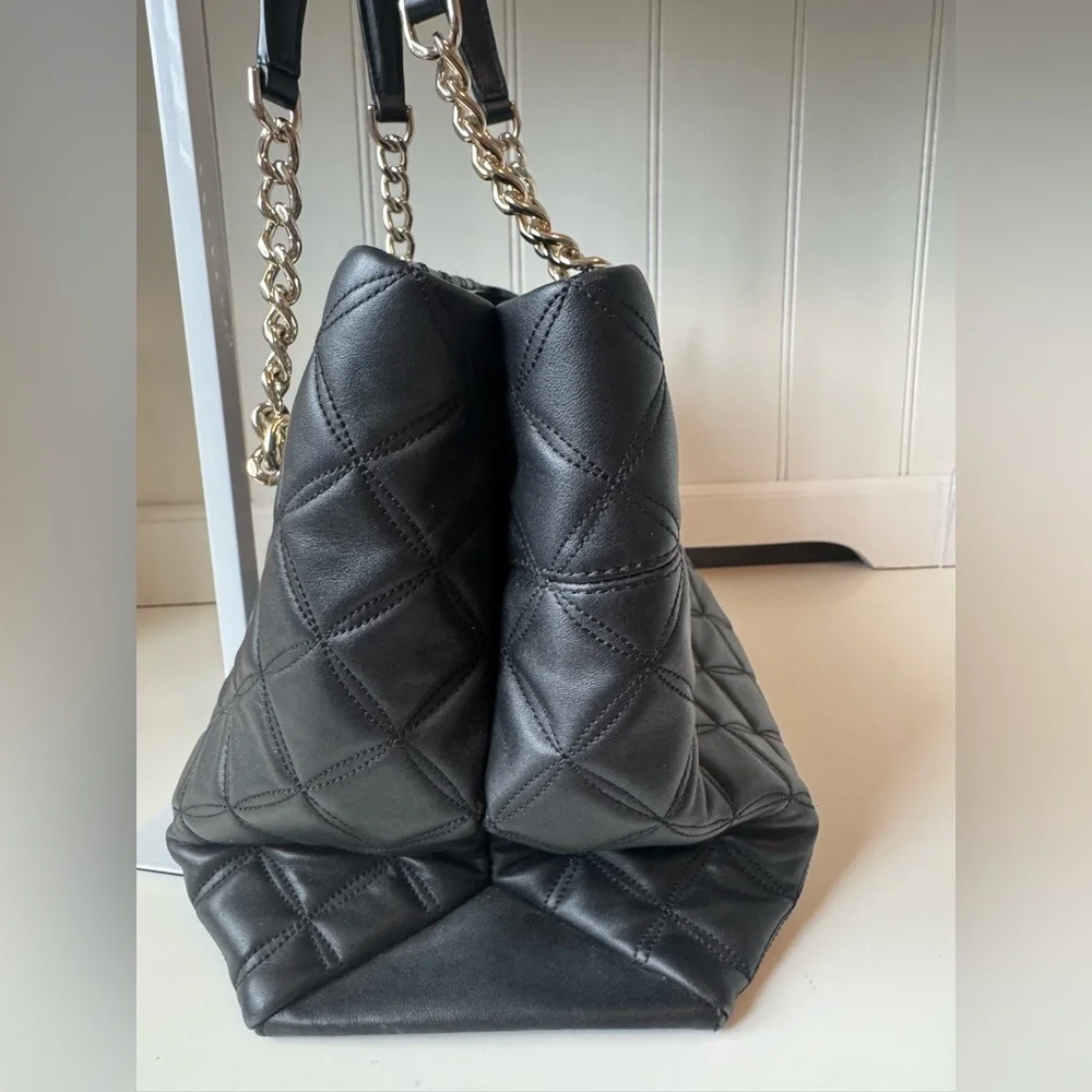 Kate Spade Women’s Black Quilted Leather Tote with Gold Chain Straps